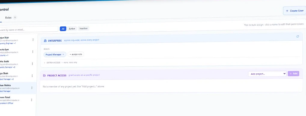 Prism PMP users and control screen with enterprise roles and project access